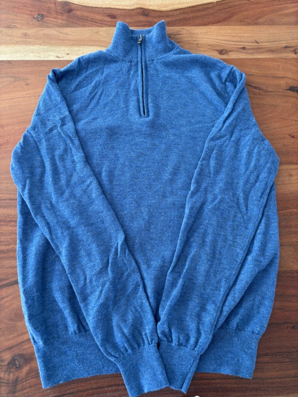 Men's Heather Blue Quarter-Zip Crewneck Sweater. 100% merino wool.